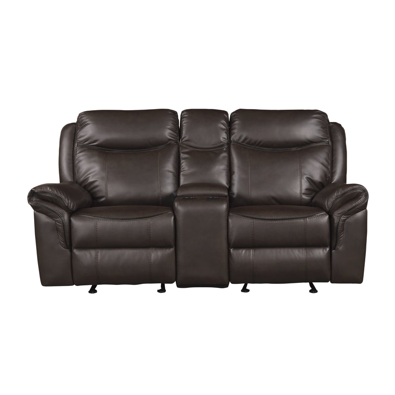 Aram Double Glider Reclining Loveseat with Center Console, Receptacles and USB Ports in Brown - 8206BRW-2