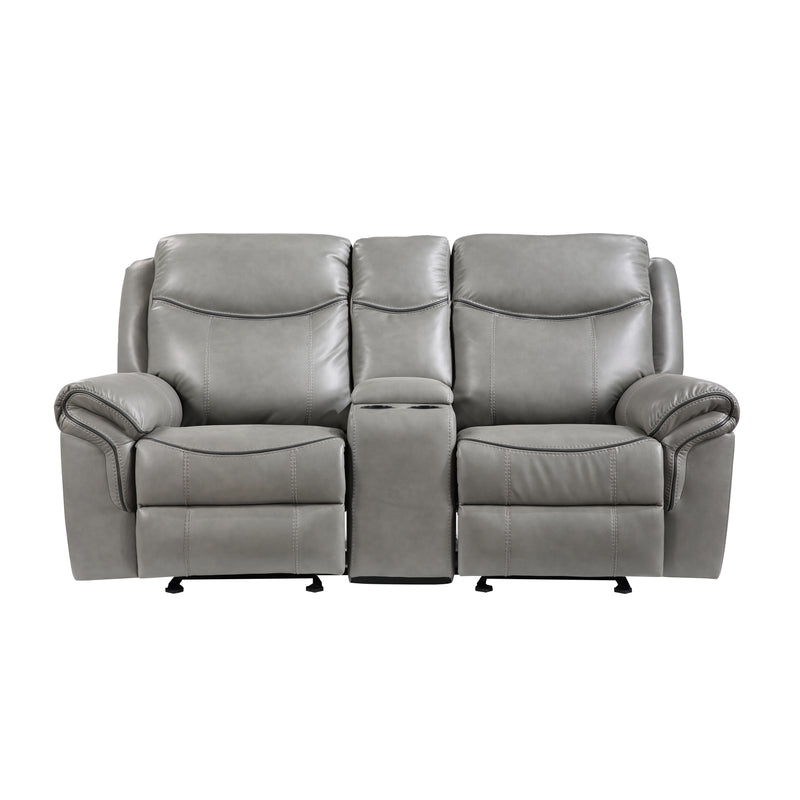 Aram Double Glider Reclining Loveseat with Center Console, Receptacles and USB Ports in Gray - 8206GRY-2