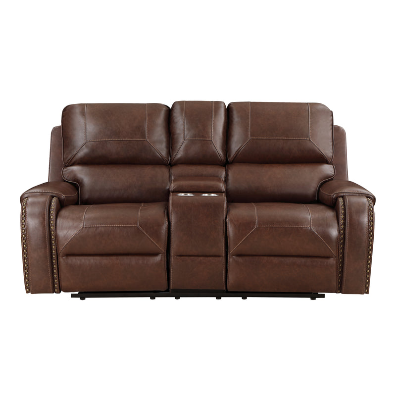 Newnan Double Glider Reclining Loveseat with Center Console, Receptacles and USB Ports in Brown - 8549BRW-2