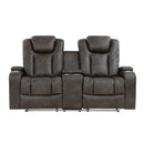 Tabor Power Double Reclining Loveseat with Center Console, Power Headrests, Storage Arms and Cup Holders in Brown/Gray - 9211BRG-2PWH