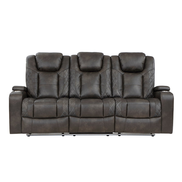 Tabor Power Double Reclining Sofa with Center Drop-Down Cup Holders, Power Headrests, Storage Arms and Cup holders in Brown/Gray - 9211BRG-3PWH