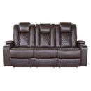 Caelan Power Double Reclining Sofa with Center Drop-Down Cup Holders, Power Headrests, Storage Arms, Cup holders and Reading Lights in Brown - 9366DB-3PWH
