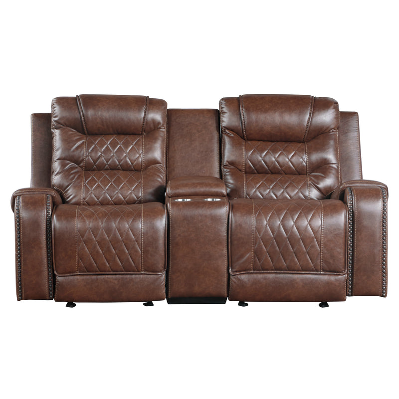 Putnam Double Glider Reclining Loveseat with Center Console, Receptacles and USB Port in Brown - 9405BR-2