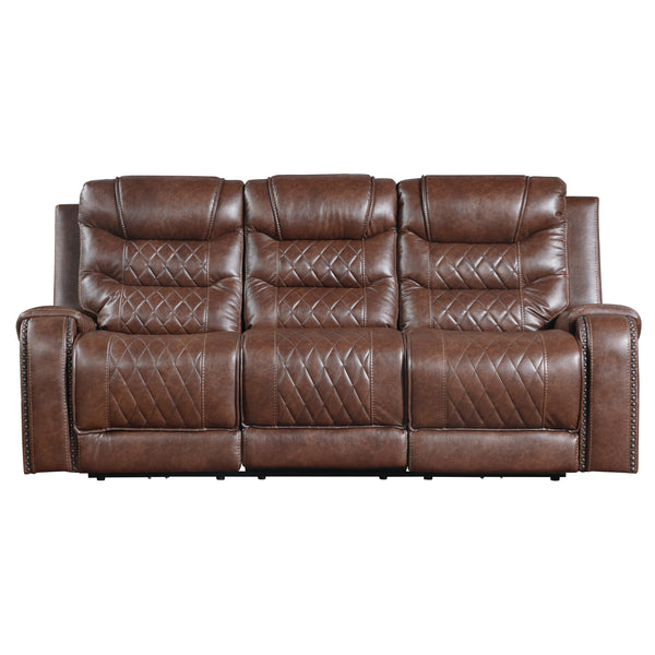 Putnam Power Double Reclining Sofa with Center Drop-Down Cup Holders, Receptacles and USB Ports in Brown - 9405BR-3PW