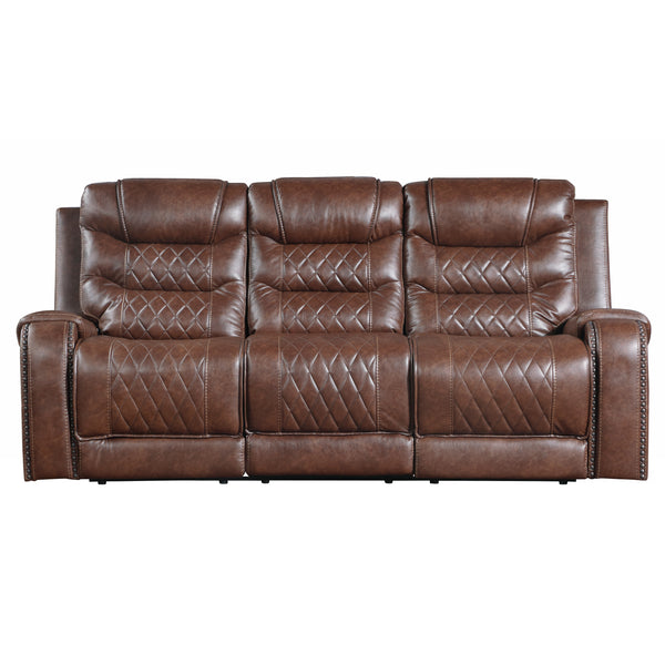 Putnam Double Reclining Sofa with Center Drop-Down Cup Holders, Receptacles and USB Ports in Brown - 9405BR-3