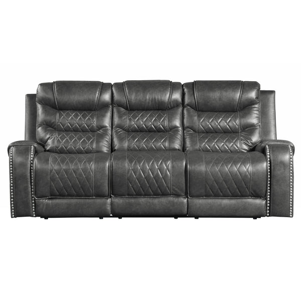 Putnam Double Reclining Sofa with Center Drop-Down Cup Holders, Receptacles and USB Ports in Gray - 9405GY-3