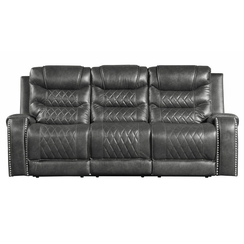 Putnam Double Reclining Sofa with Center Drop-Down Cup Holders, Receptacles and USB Ports in Gray - 9405GY-3