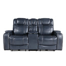Keziah Power Double Reclining Loveseat with Center Console, Power Headrests and Storage Arms in Blue - 9640BU-2PWH